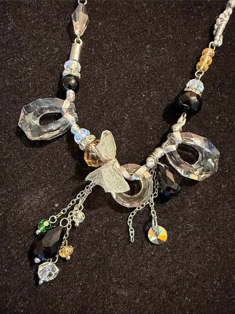 Elegant Silver-Tone Black & Clear Bead Pendant Necklace